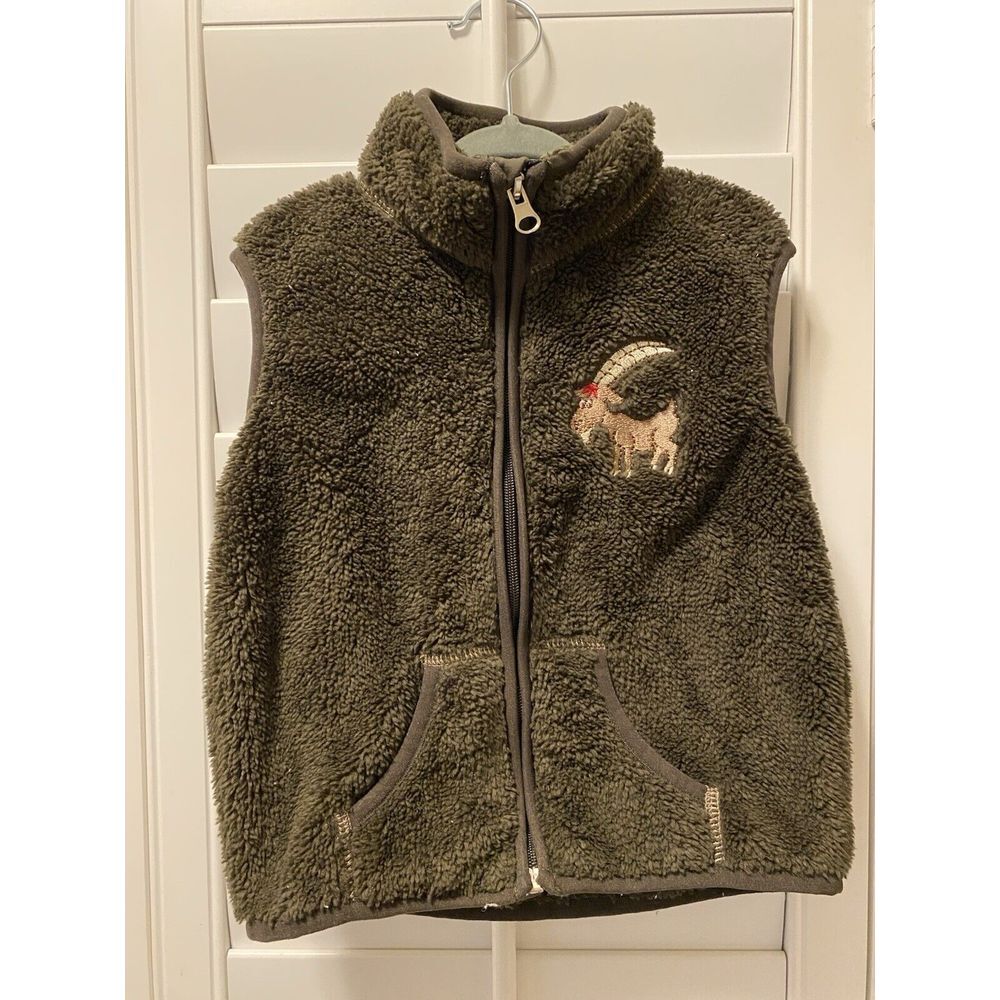 Rare Toddler 2T Fleece Vest‎ Jacket Sweden Folklore Gilet Pockets Moose Olive